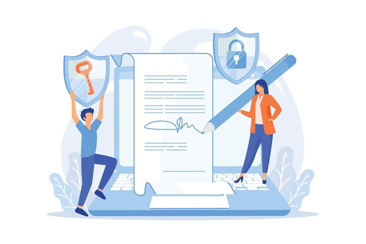 businessman putting electronic signature on document, security shields electronic signature, e signature template vector illustration